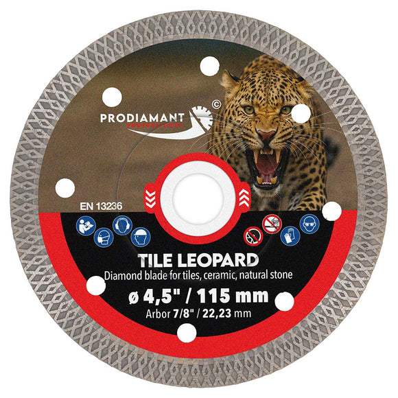 PRODIAMANT Tile Leopard diamond blade cutting a porcelain tile with a clean, chip-free edge
